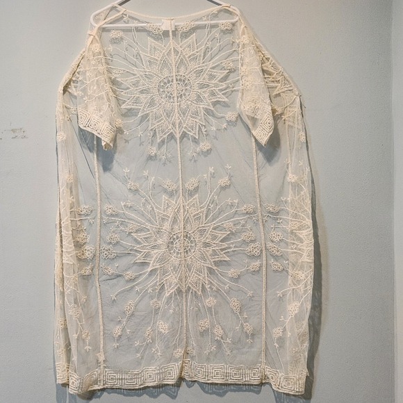 Y2K Lace DUSTER Sheer Crochet Floral LONG COVERUP Bohemian cream embroidered Med - Picture 1 of 6